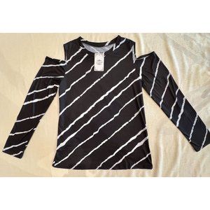 La Mode Cold Shoulder Top Long Sleeve Black White Striped Women's Large NWT